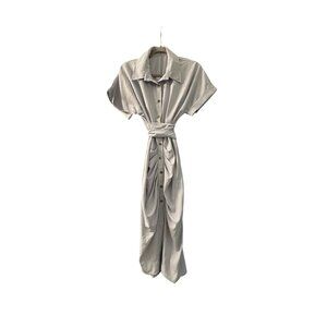 Light Blue/Gray Button-Down Short Sleeve Midi Dress With Waist Tie By X&Z